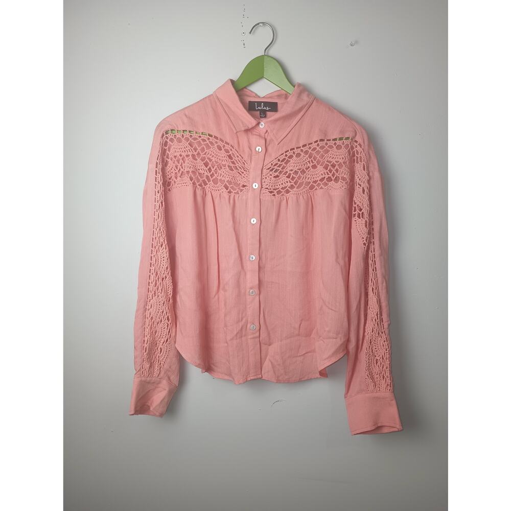 Lulus‎ Callie Slade Peach Crochet Long Sleeve Button Up Top NWT Women Large